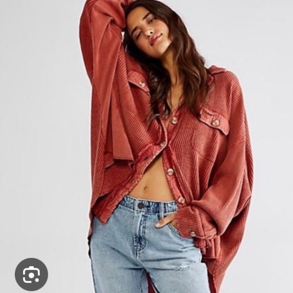 Free People One Scout Waffle Shacket S Red Clay Tunic Jacket Oversized Boho Fall - Picture 1 of 13